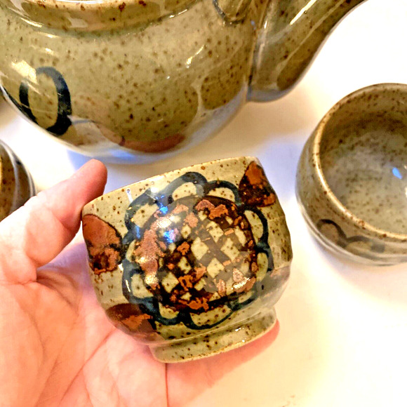 Vintage OMC Japan Tea Set Art Pottery Teapot & 4 Cups Stoneware Floral 70s Decor - Picture 8 of 12